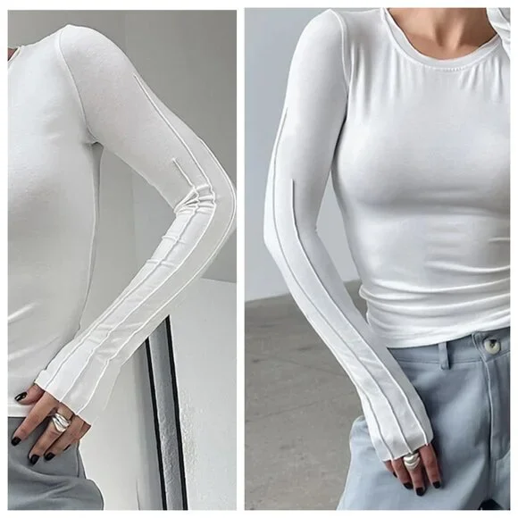 NWT Commense White Ribbed Statement Sleeve Form-Fitting Crew Neck Top size M L - Picture 13 of 16